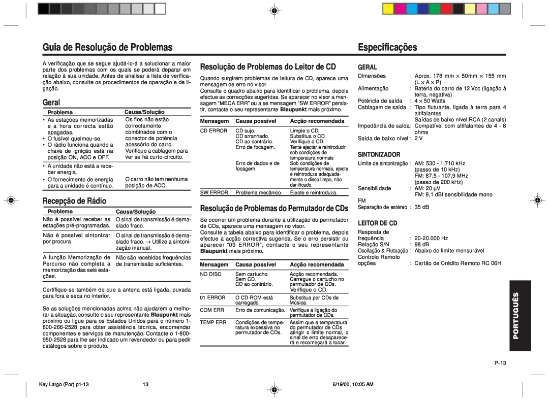 Blaupunkt DM2000 manual Guia de Resolução de Problemas, Especificações, Geral, Recepção de Rádio, Español, Português 