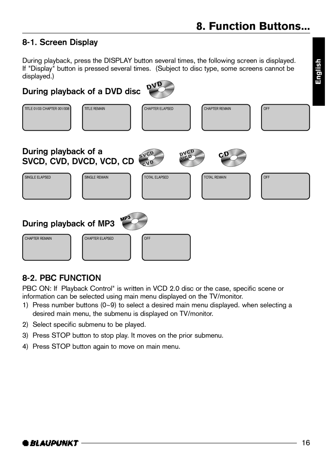 Blaupunkt DVD-ME R manual Function Buttons, Svcd, Cvd, Dvcd, Vcd, Cd, PBC Function 