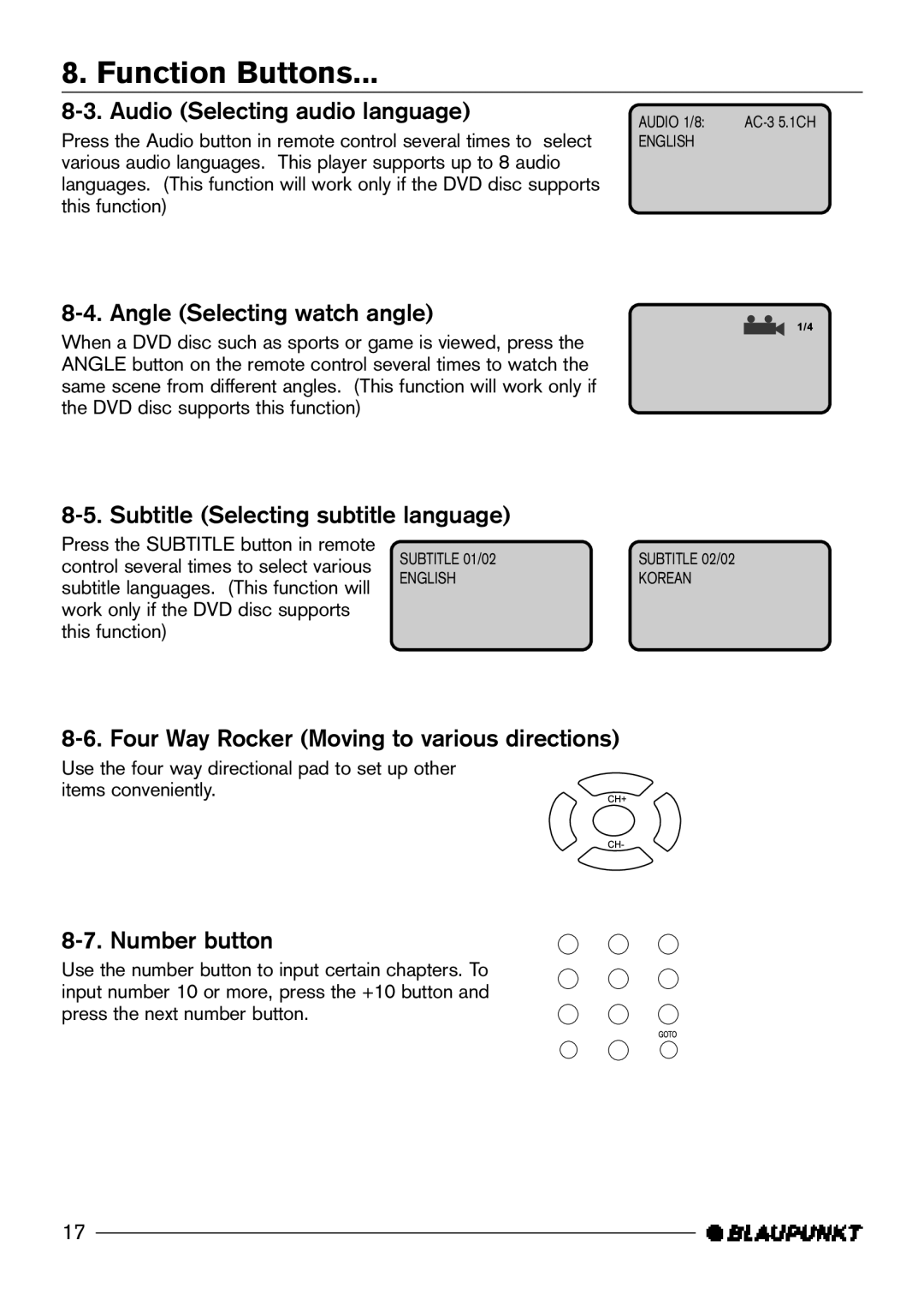 Blaupunkt DVD-ME R manual Audio Selecting audio language, Angle Selecting watch angle, Subtitle Selecting subtitle language 