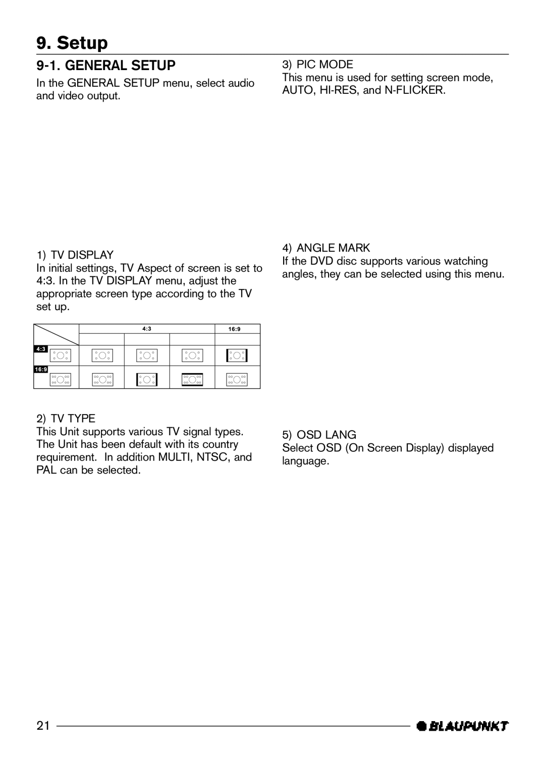 Blaupunkt DVD-ME R manual General Setup, TV Display, Angle Mark, OSD Lang 