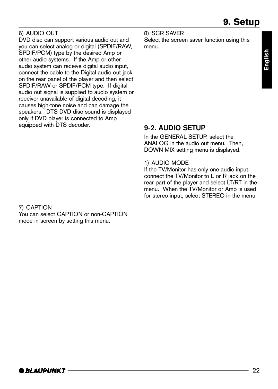 Blaupunkt DVD-ME R manual Audio Setup, Caption, Audio Mode 