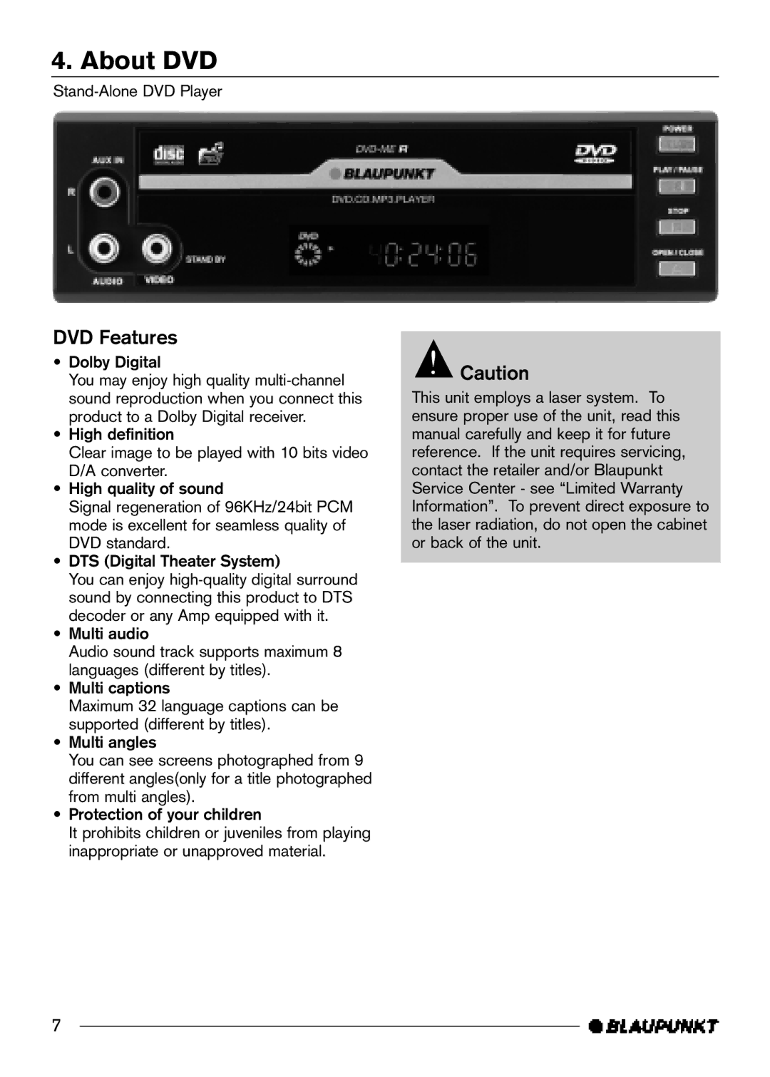 Blaupunkt DVD-ME R manual About DVD, DVD Features 