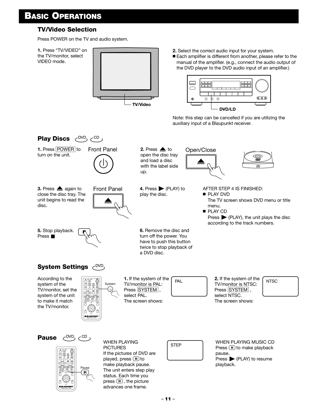 Blaupunkt DVD-ME1 manual Basic Operations, TV/Video Selection, Play Discs DVD CD, System Settings, Pause DVD CD 