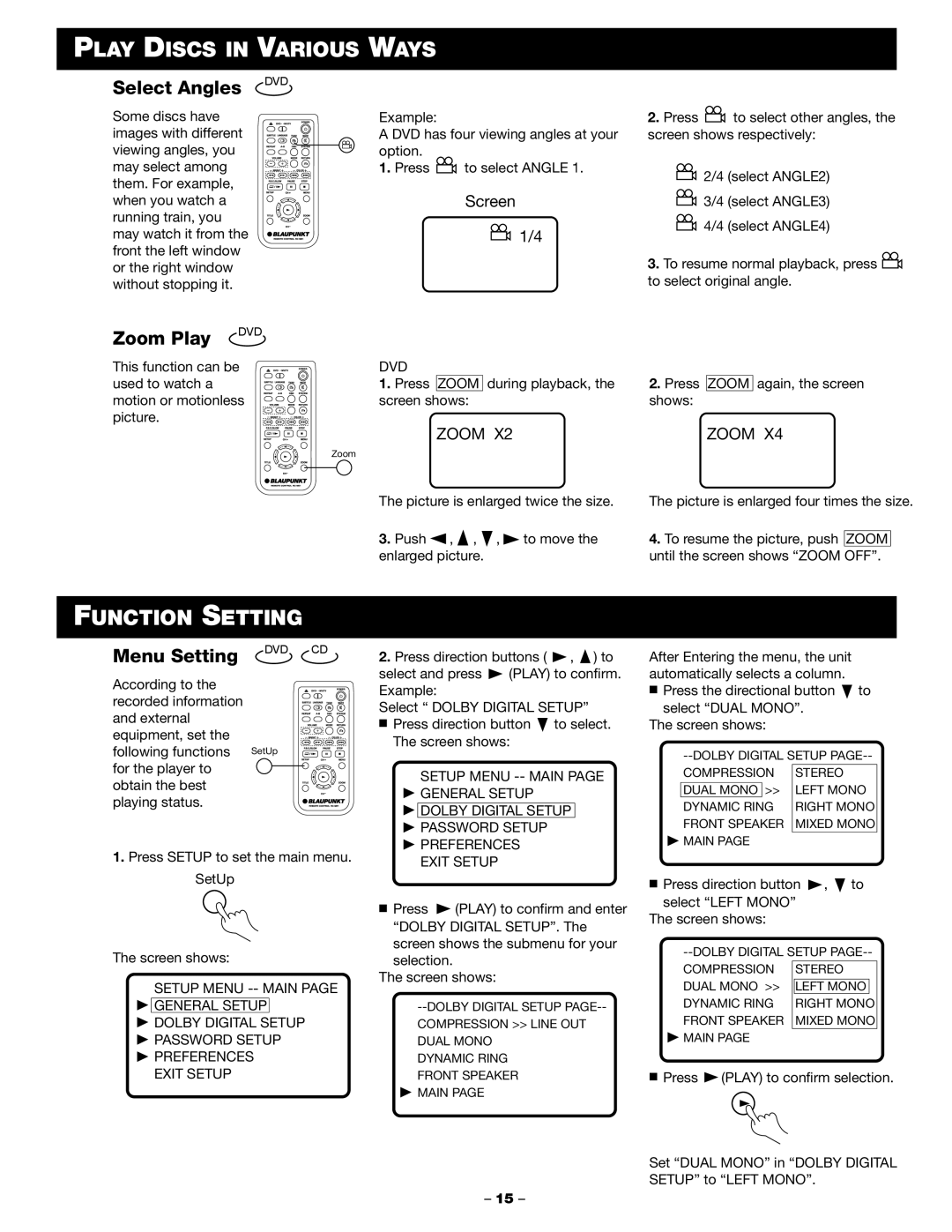 Blaupunkt DVD-ME1 manual Function Setting, Select Angles DVD, Zoom Play, Menu Setting DVD CD 