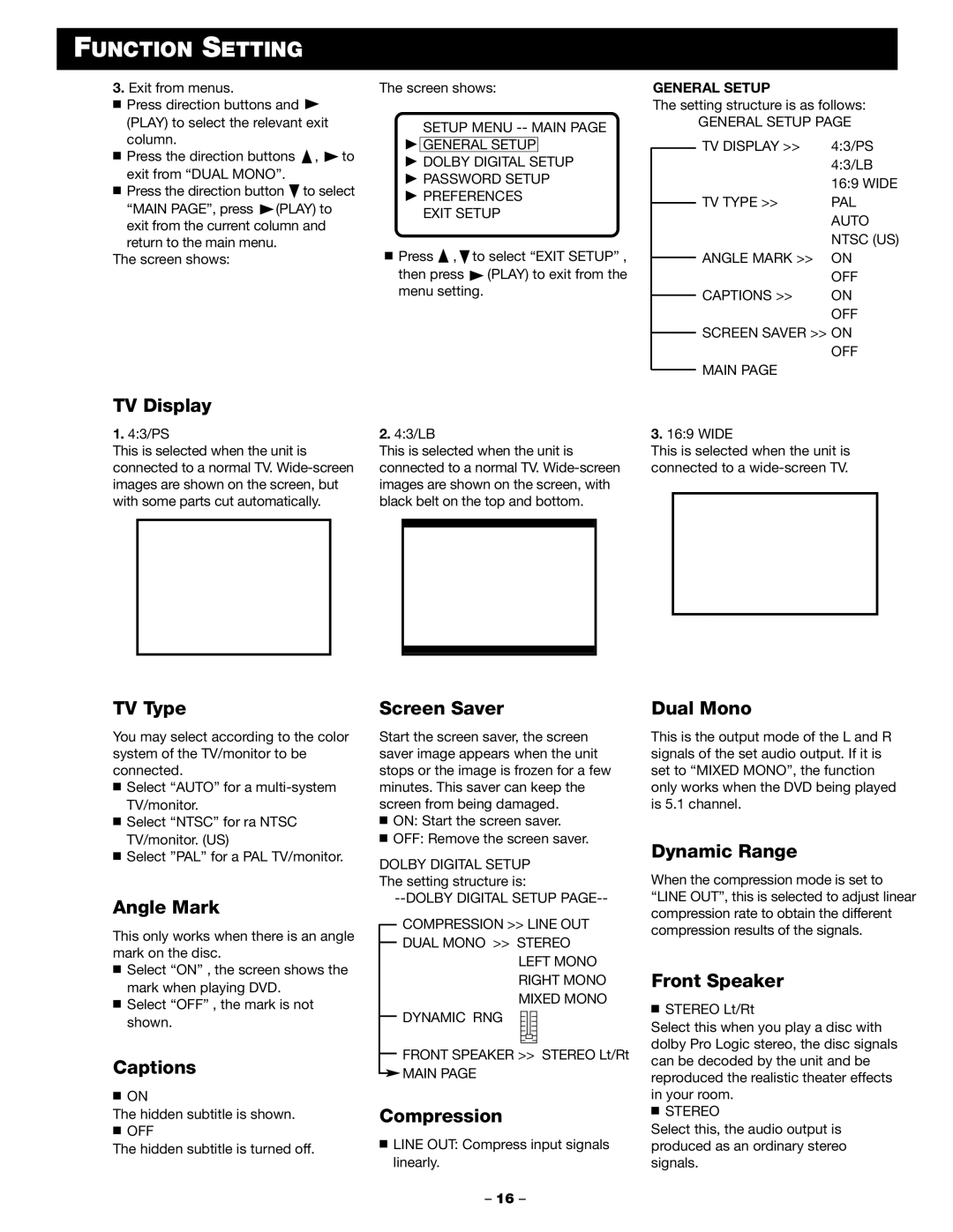 Blaupunkt DVD-ME1 manual TV Display, TV Type, Angle Mark, Captions, Screen Saver, Compression, Dual Mono, Dynamic Range 