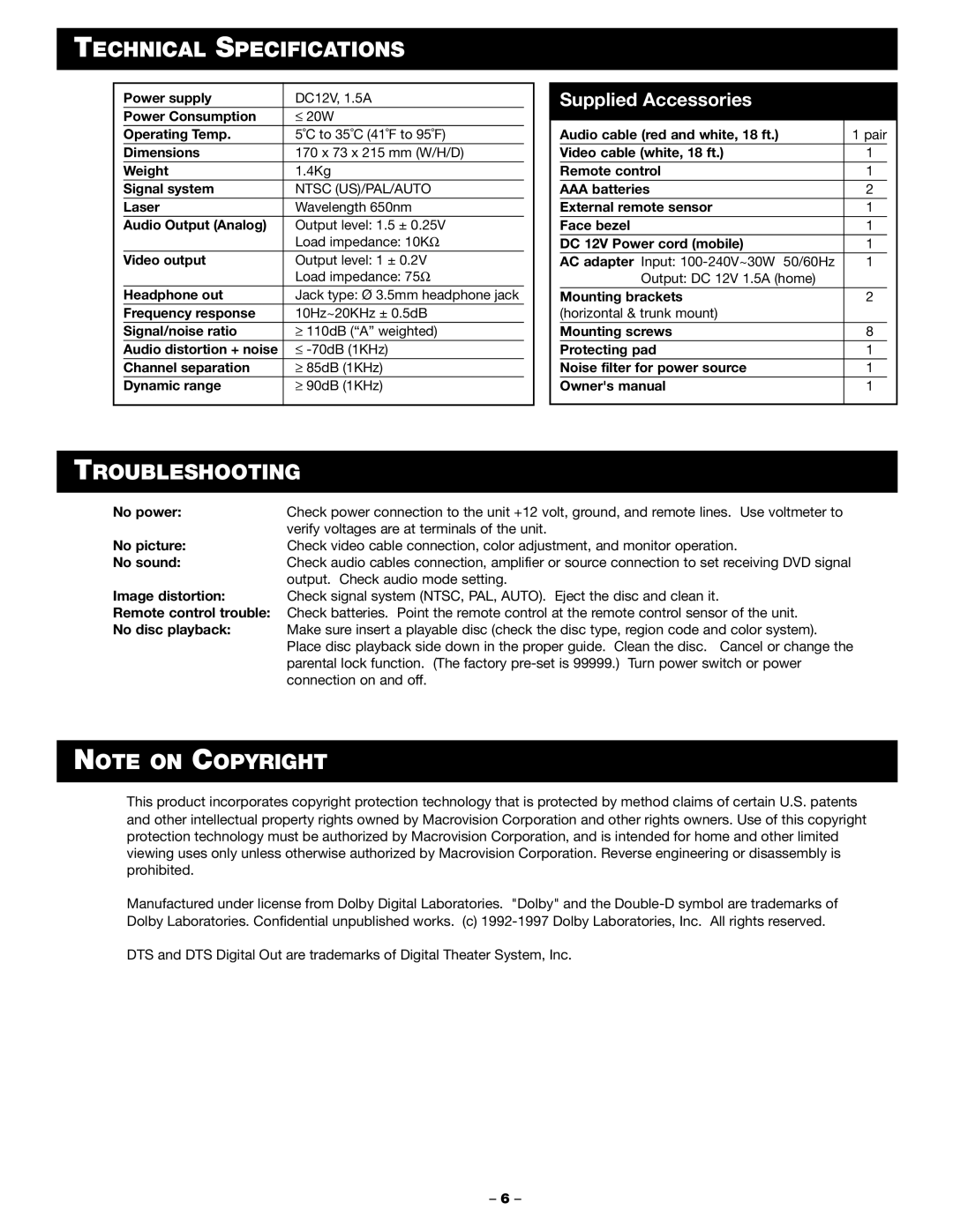 Blaupunkt DVD-ME1 manual Technical Specifications, Troubleshooting, Ntsc US/PAL/AUTO 