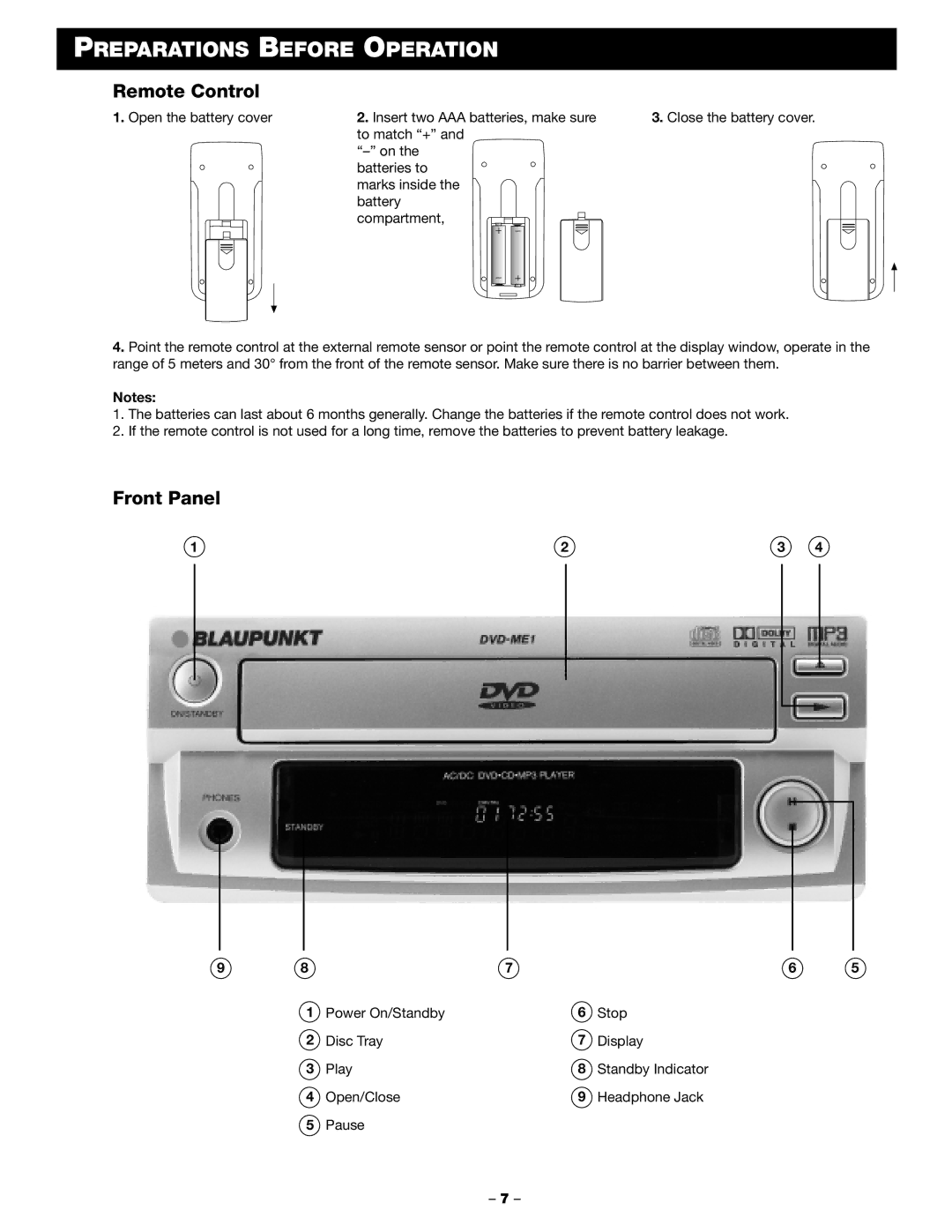 Blaupunkt DVD-ME1 manual Preparations Before Operation, Remote Control, Front Panel 