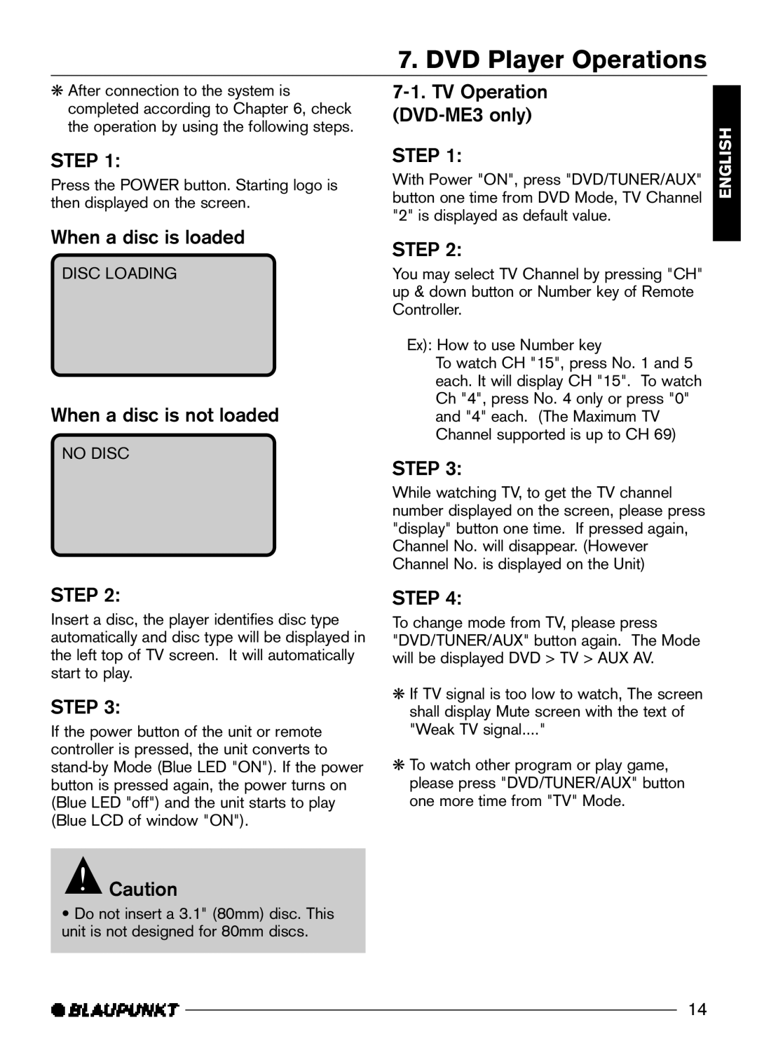 Blaupunkt DVD-ME3, DVD-ME2 manual DVD Player Operations, Step, When a disc is loaded, When a disc is not loaded 