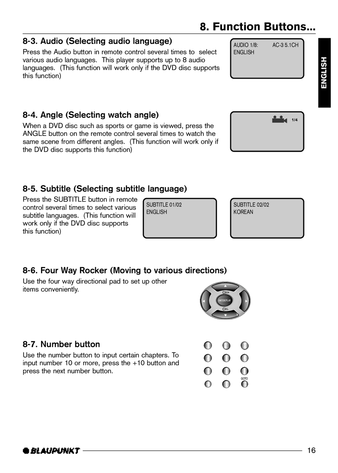 Blaupunkt DVD-ME3 manual Audio Selecting audio language, Angle Selecting watch angle, Subtitle Selecting subtitle language 