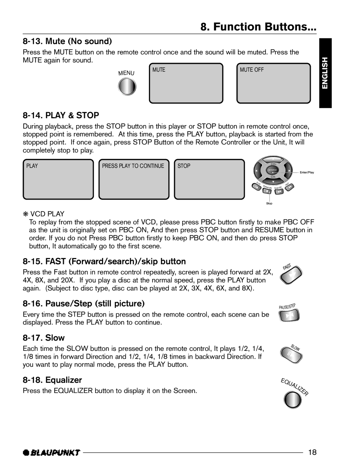 Blaupunkt DVD-ME3 Mute No sound, Play & Stop, Fast Forward/search/skip button, Pause/Step still picture, Slow, Equalizer 