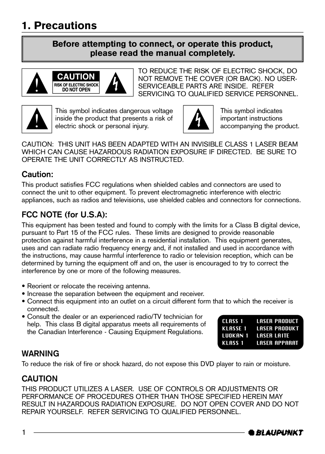 Blaupunkt DVD-ME2, DVD-ME3 manual Precautions, FCC Note for U.S.A 