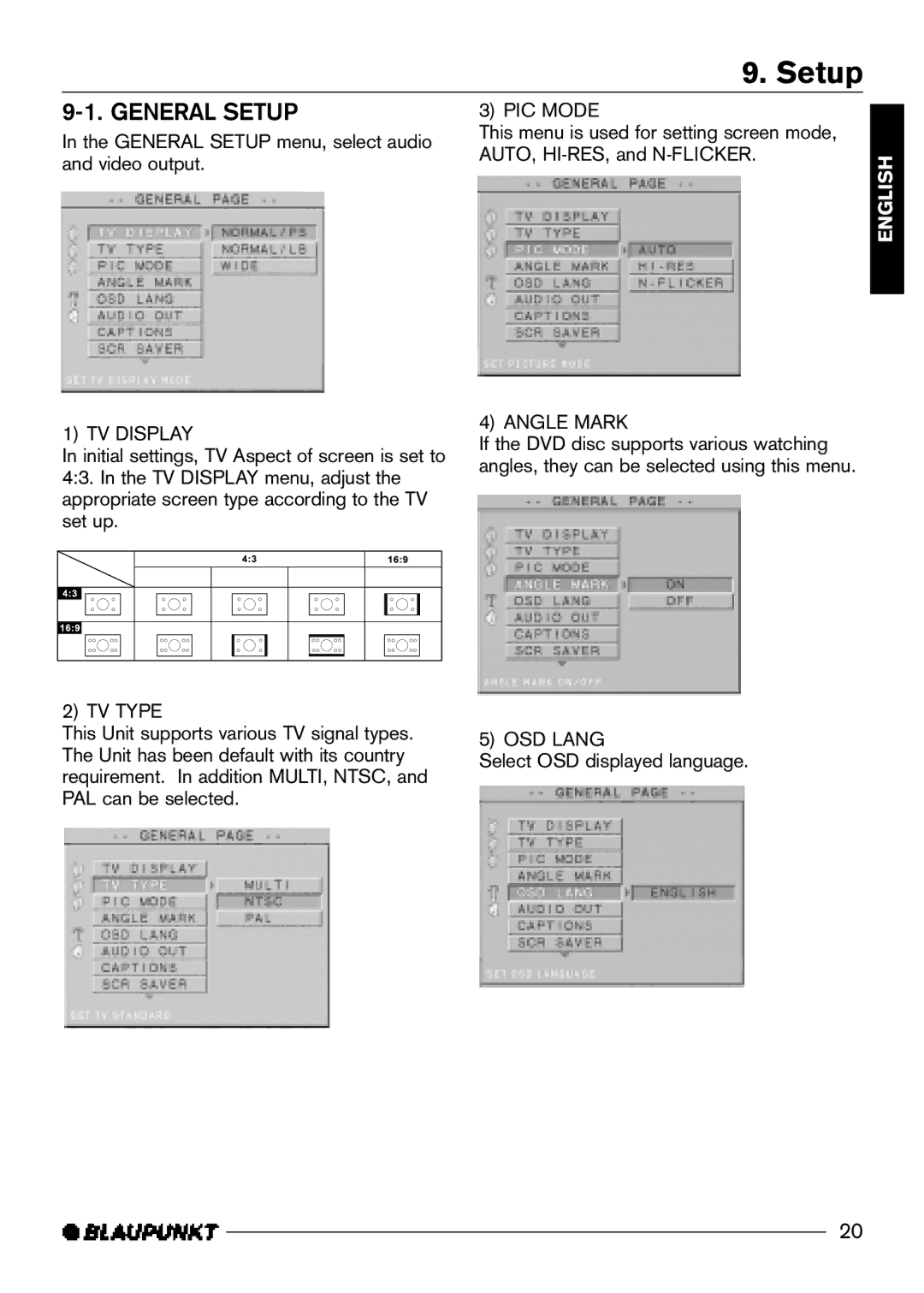 Blaupunkt DVD-ME3, DVD-ME2 manual General Setup, TV Display, Angle Mark, OSD Lang 