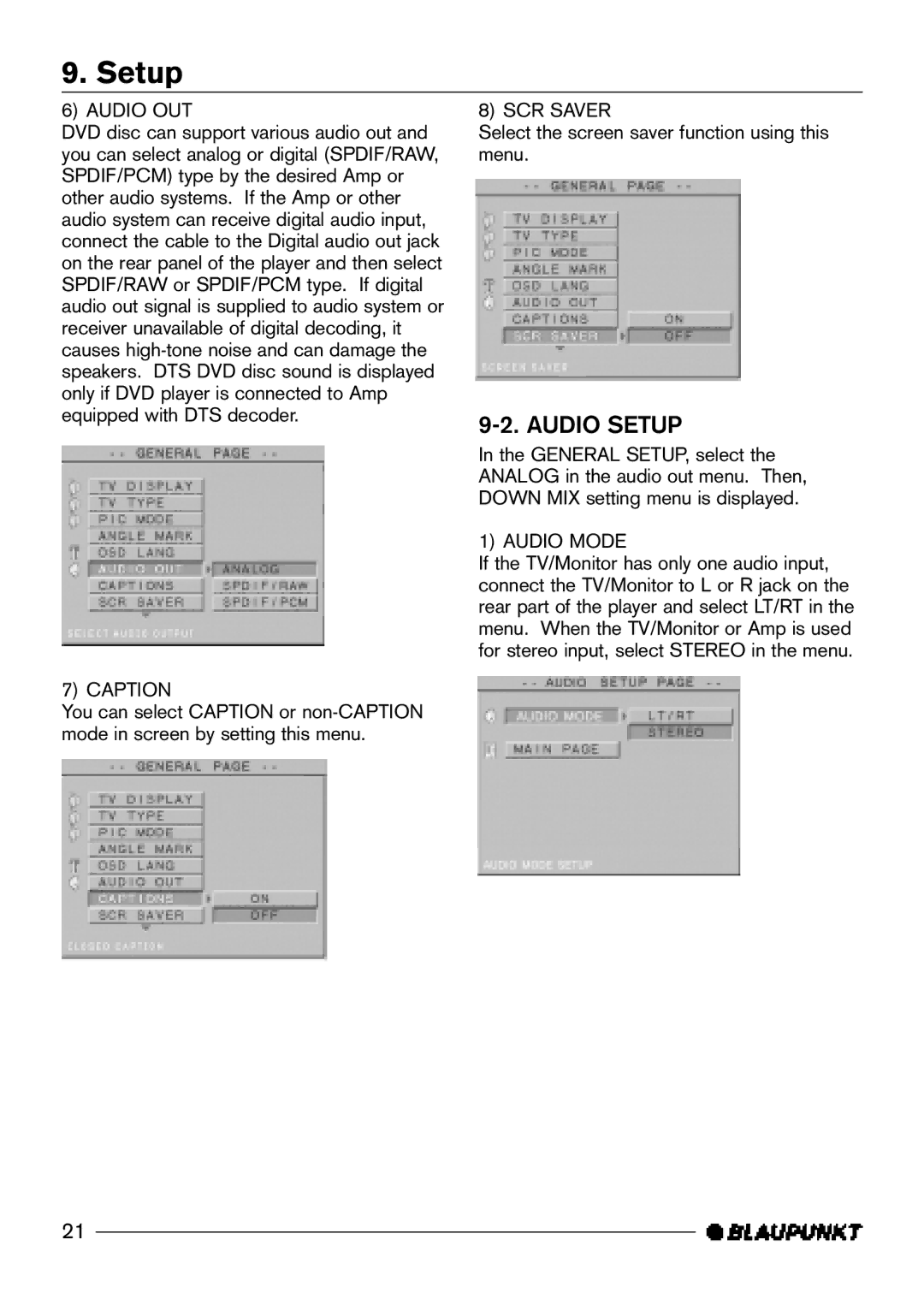 Blaupunkt DVD-ME2, DVD-ME3 manual Audio Setup, Caption, Audio Mode 