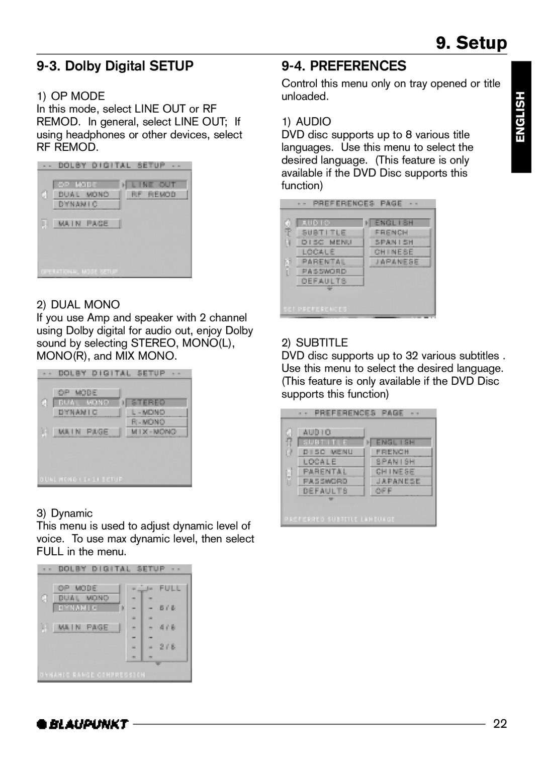 Blaupunkt DVD-ME3, DVD-ME2 manual Dolby Digital Setup, Preferences, OP Mode, RF Remod Dual Mono, Audio 