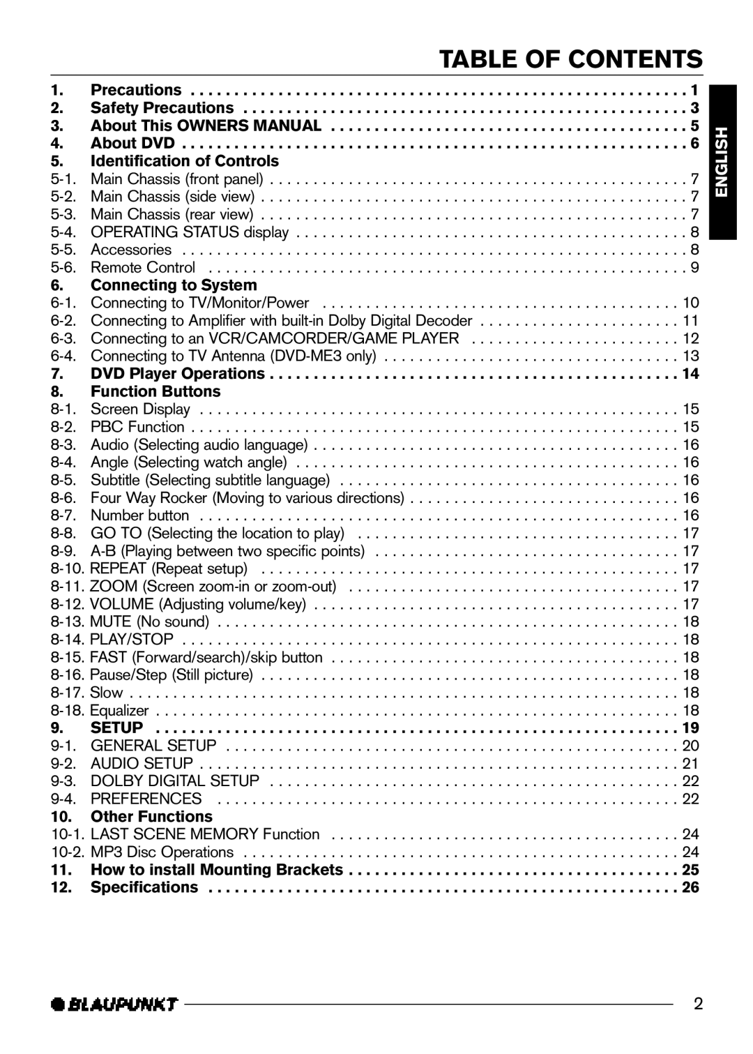 Blaupunkt DVD-ME3, DVD-ME2 manual Table of Contents 