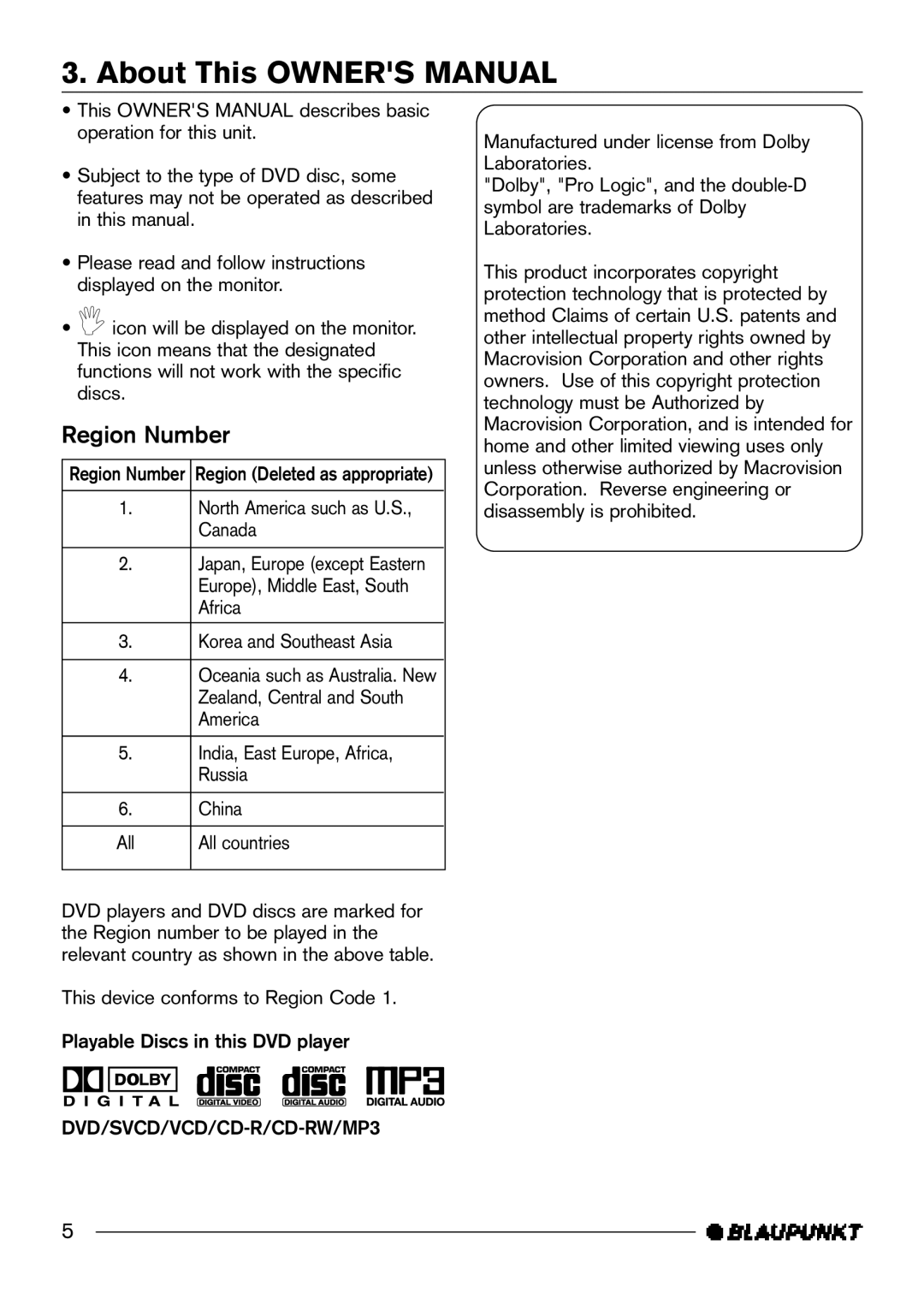 Blaupunkt DVD-ME2, DVD-ME3 manual Region Number, All countries 