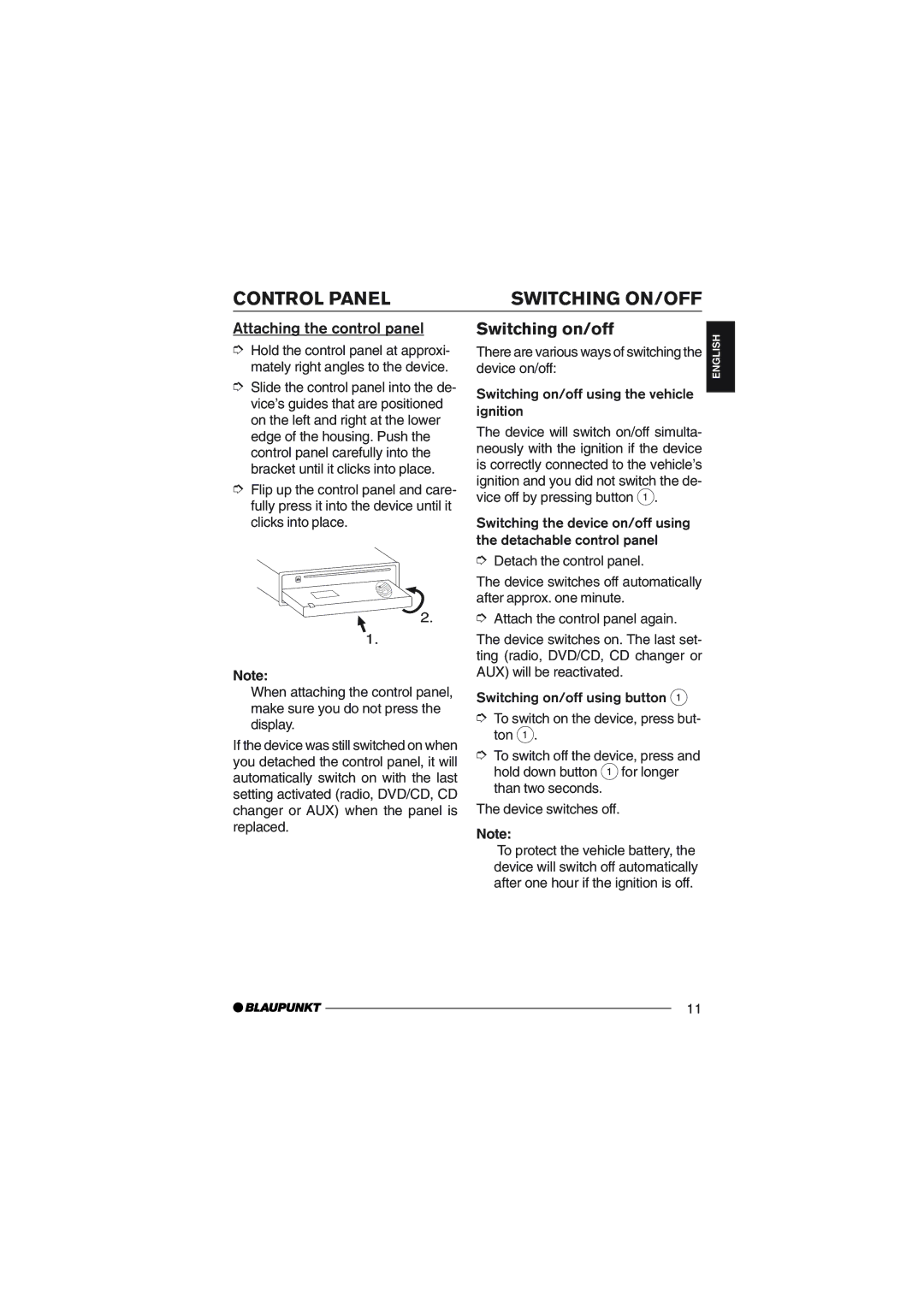 Blaupunkt DVD35 operating instructions Control Panel Switching ON/OFF, Switching on/off, Attaching the control panel 