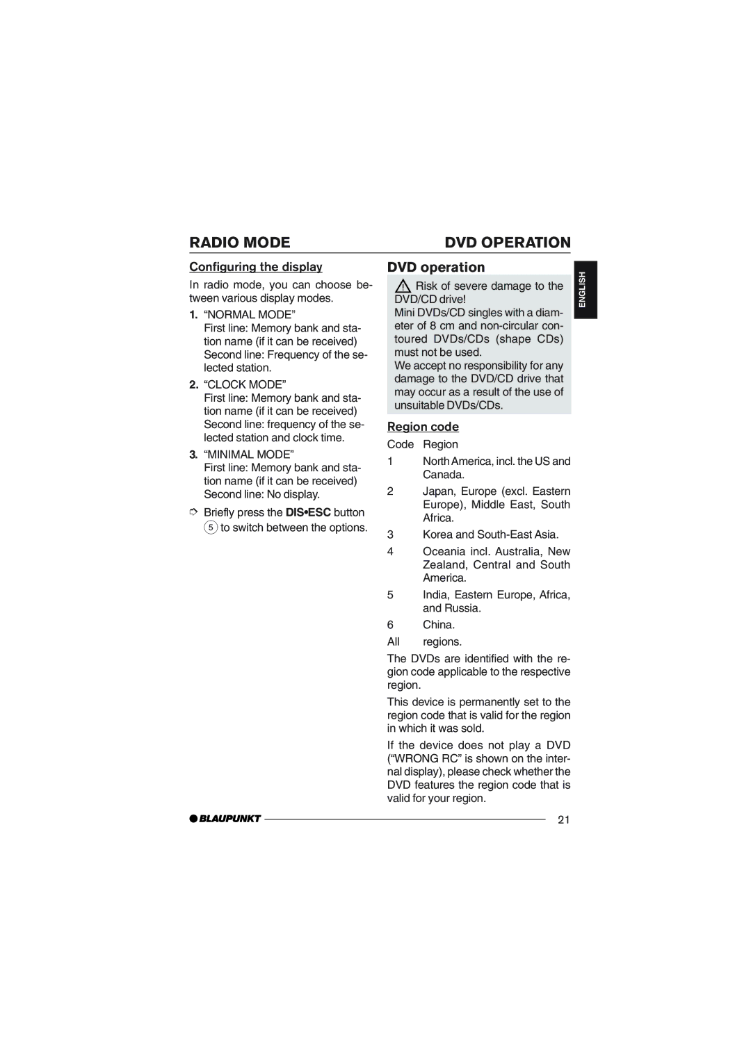 Blaupunkt DVD35 operating instructions Radio Mode DVD Operation, DVD operation, Configuring the display, Region code 