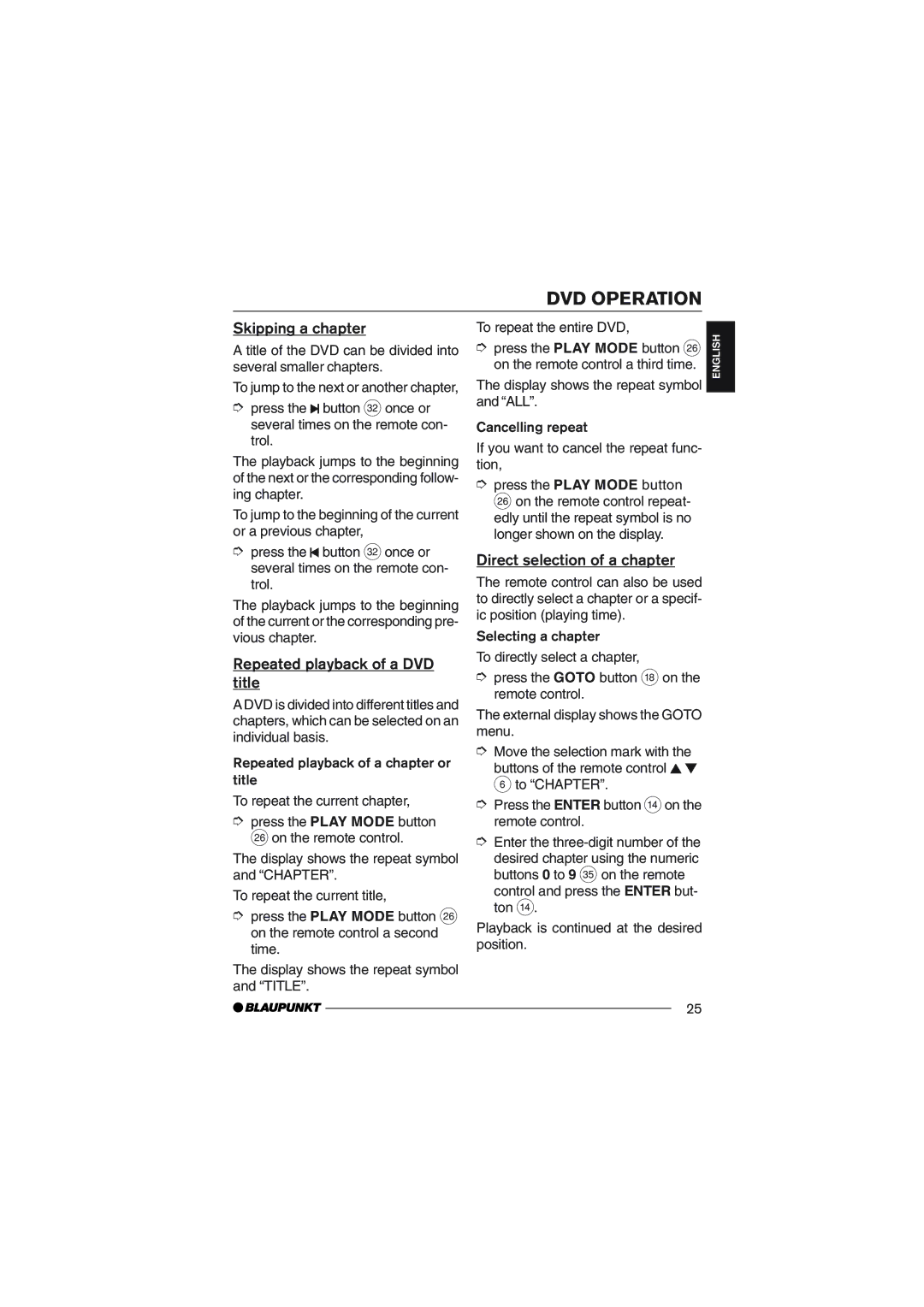 Blaupunkt DVD35 operating instructions Skipping a chapter, Repeated playback of a DVD title, Direct selection of a chapter 