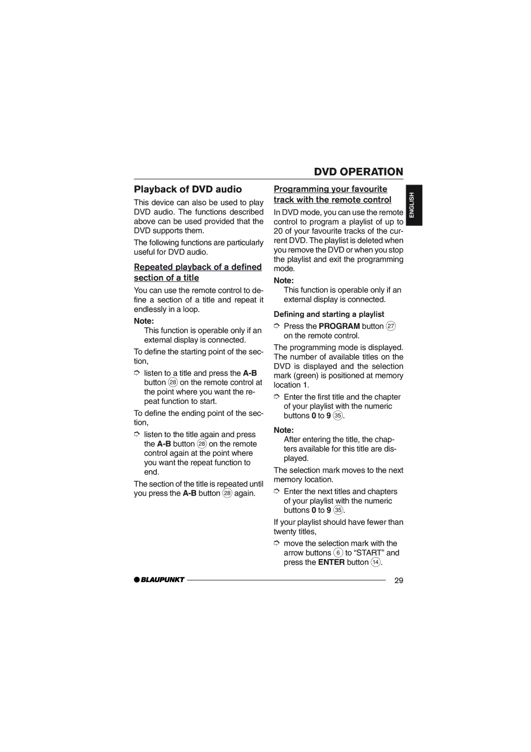 Blaupunkt DVD35 operating instructions Playback of DVD audio, Repeated playback of a defined section of a title 