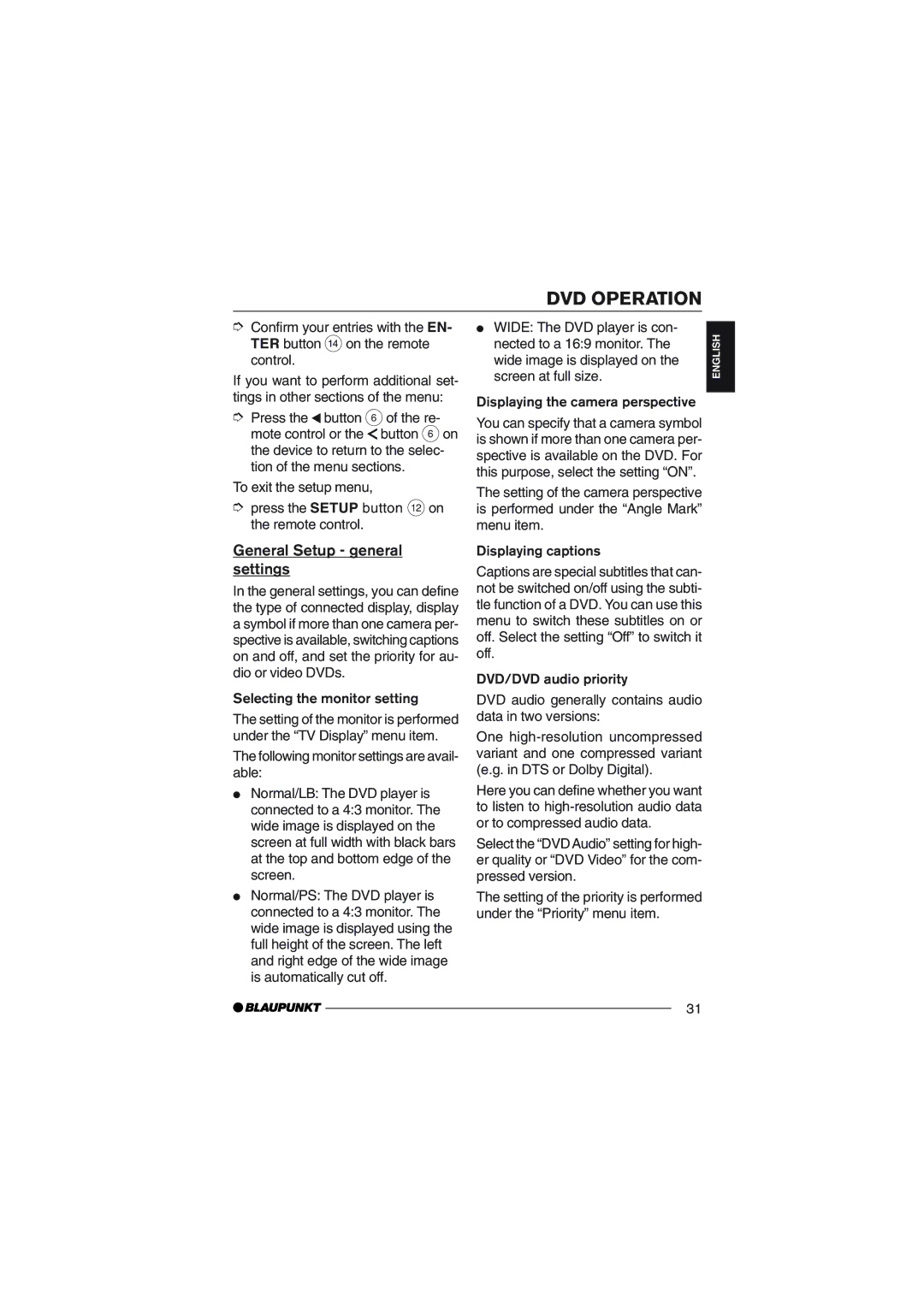 Blaupunkt DVD35 operating instructions General Setup general settings, Displaying the camera perspective 