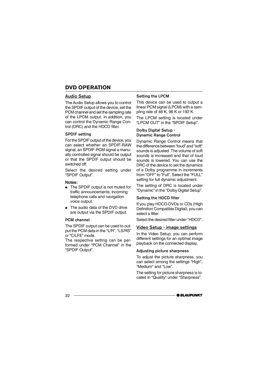 Blaupunkt DVD35 operating instructions Audio Setup, Video Setup image settings 