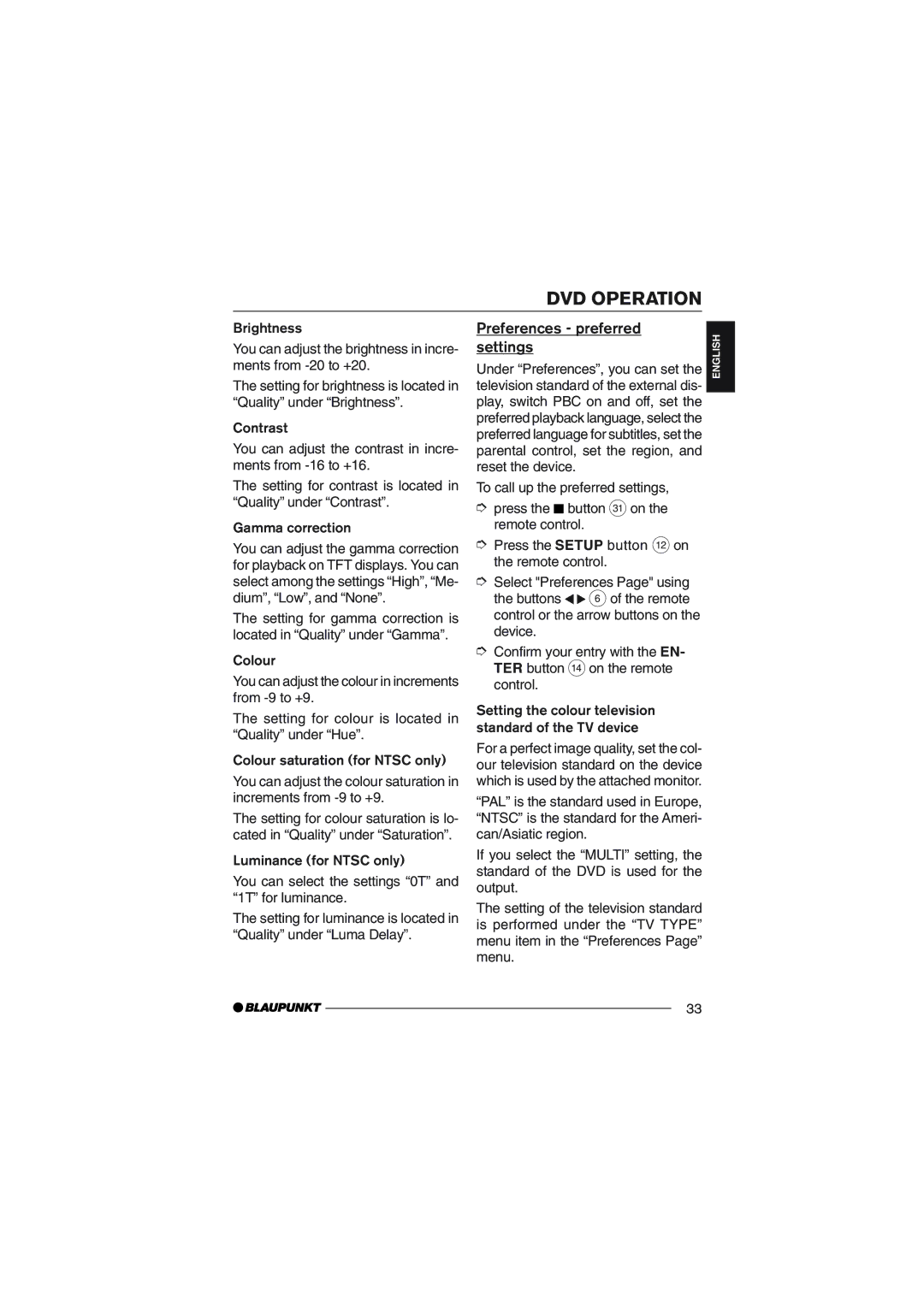 Blaupunkt DVD35 operating instructions Preferences preferred settings 