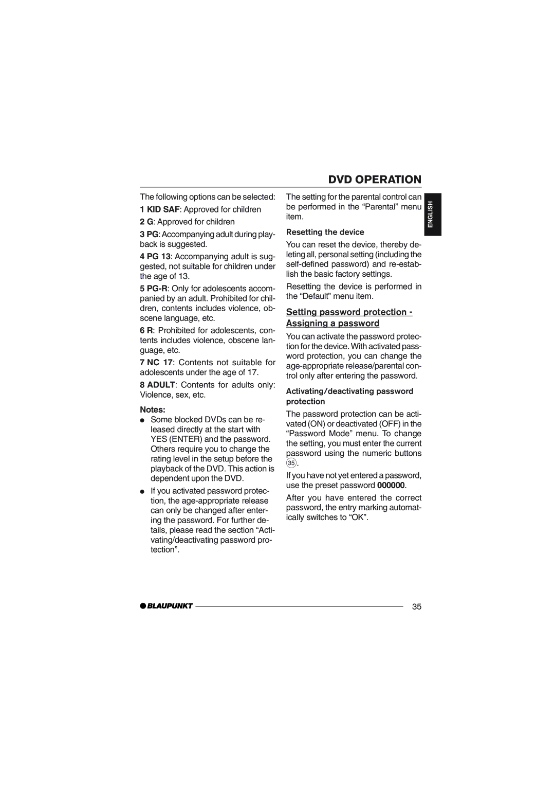 Blaupunkt DVD35 operating instructions Setting password protection Assigning a password 