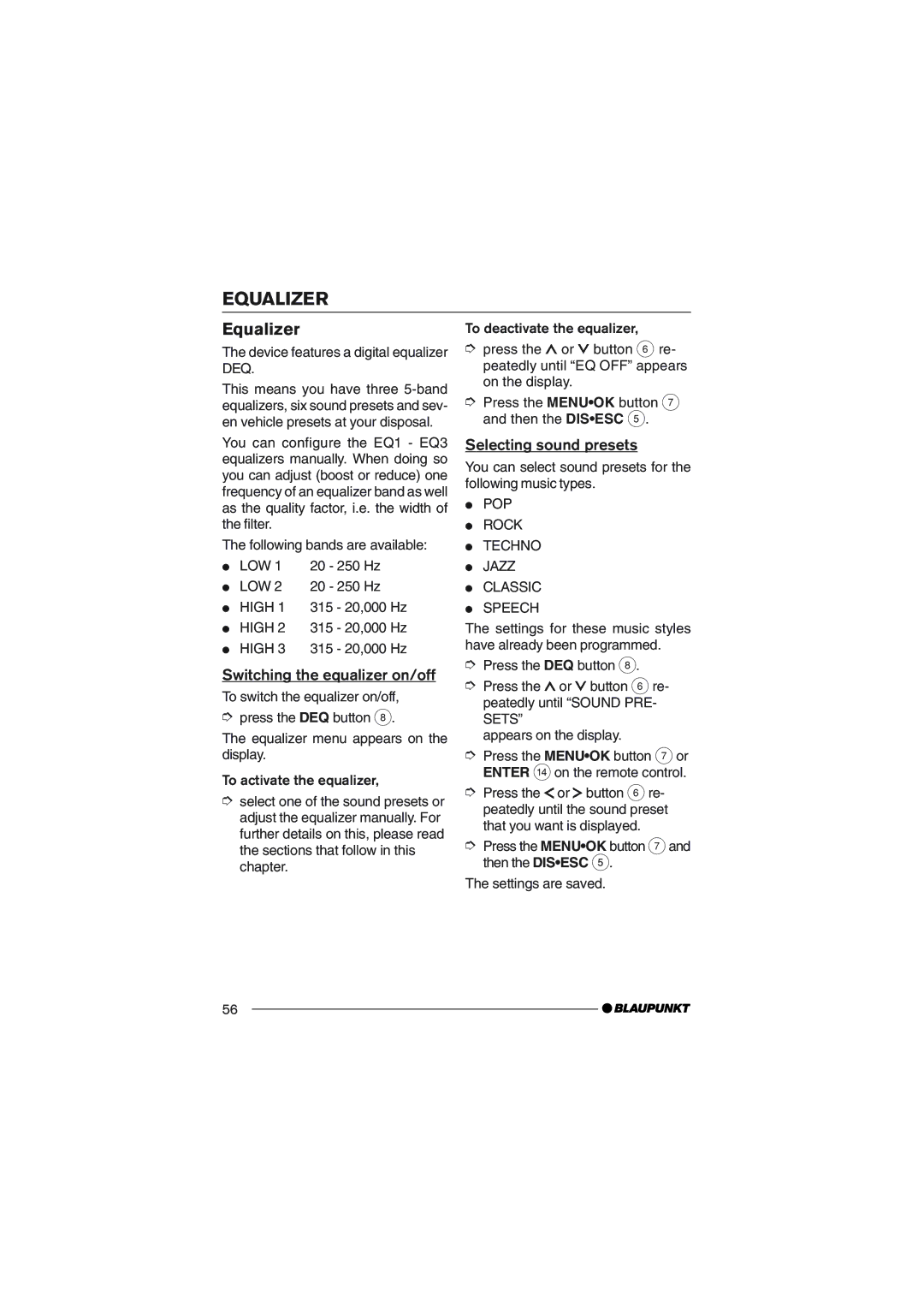 Blaupunkt DVD35 operating instructions Equalizer, Switching the equalizer on/off, Selecting sound presets 