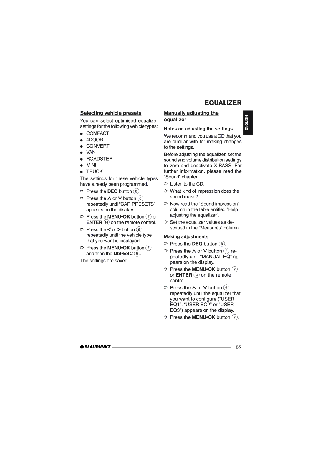 Blaupunkt DVD35 operating instructions Selecting vehicle presets, Manually adjusting the equalizer 