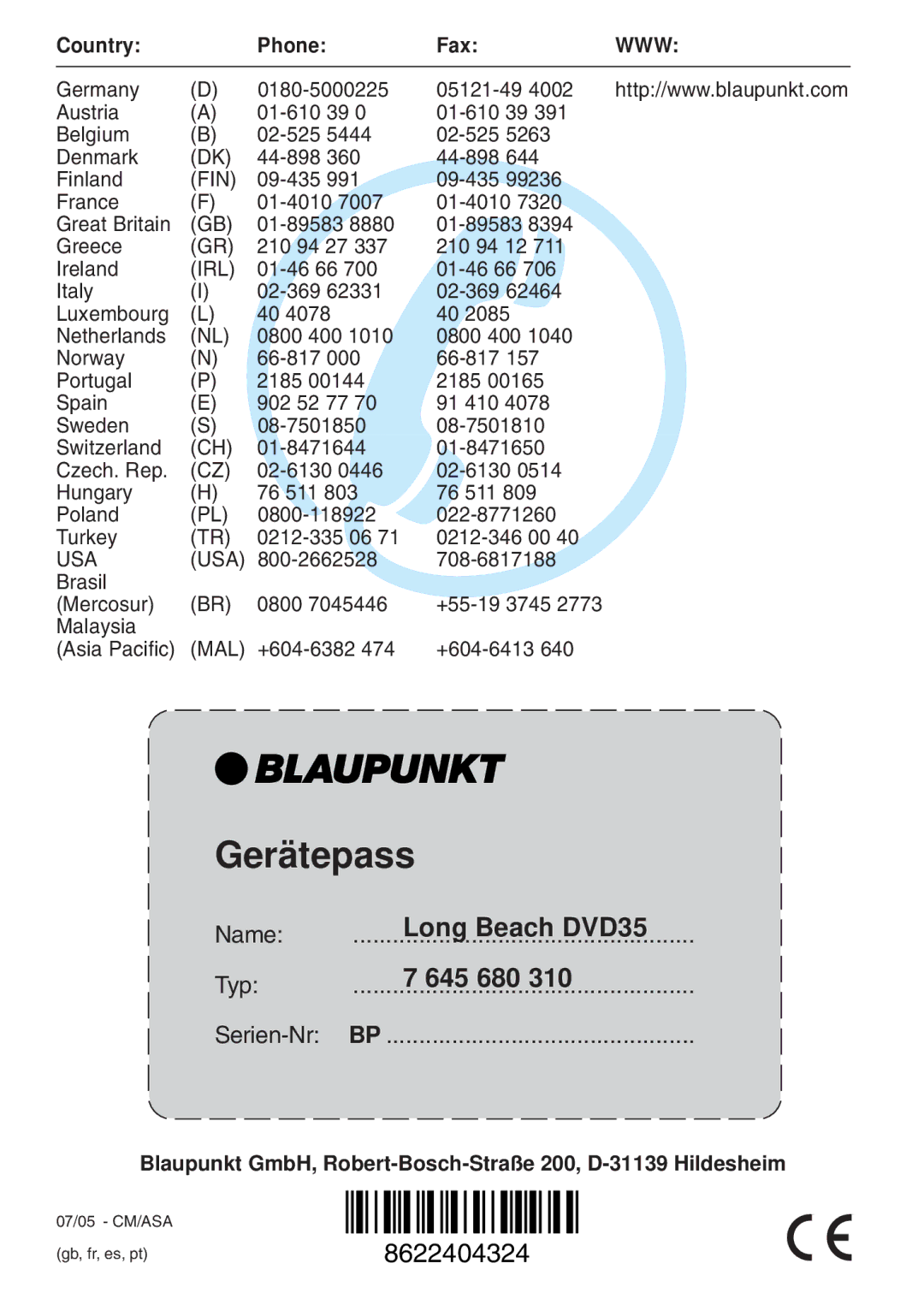 Blaupunkt DVD35 operating instructions Gerätepass 