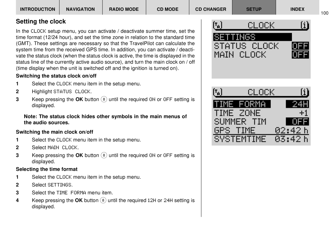 Blaupunkt DX-R70 Settings Status Clock OFF Main Clock, Time Forma, Time Zone Summer TIM, GPS Time, Setting the clock 