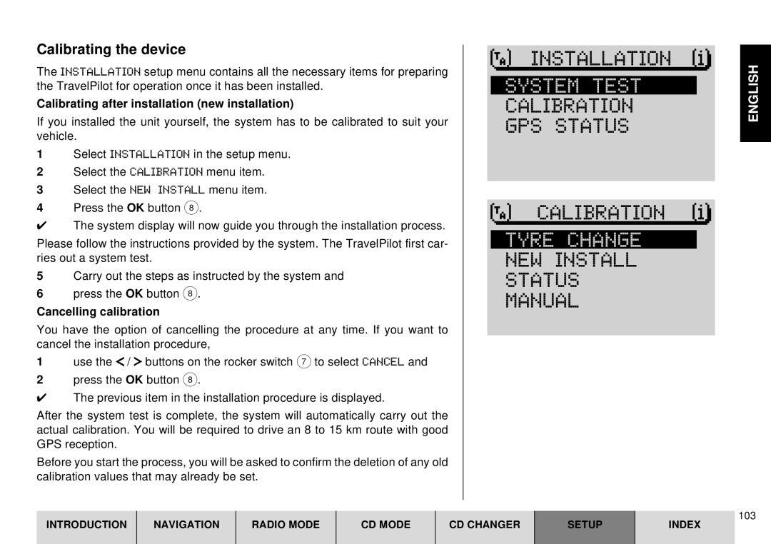 Blaupunkt DX-R70 Installation, System Test, Calibration GPS Status, Tyre Change, NEW Install Status Manual 