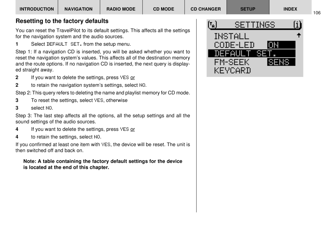 Blaupunkt DX-R70 Install CODE-LED on, Default SET. FM-SEEKSENS Keycard, Resetting to the factory defaults 