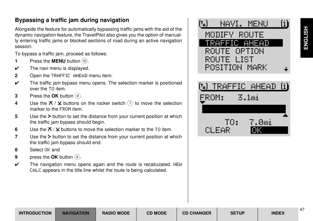 Blaupunkt DX-R70 Modify Route, Route Option Route List Position Mark Traffic Ahead From, Clear OK 