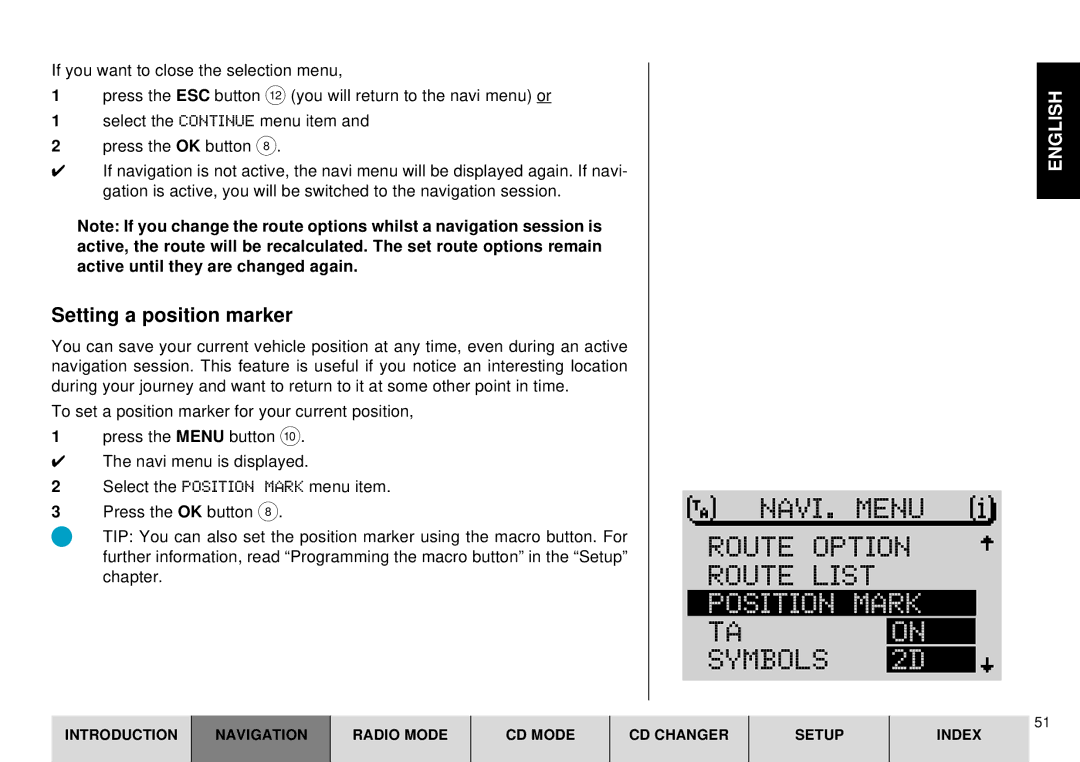 Blaupunkt DX-R70 operating instructions Route Option Route List, Position Mark, TA on Symbols 2D, Setting a position marker 