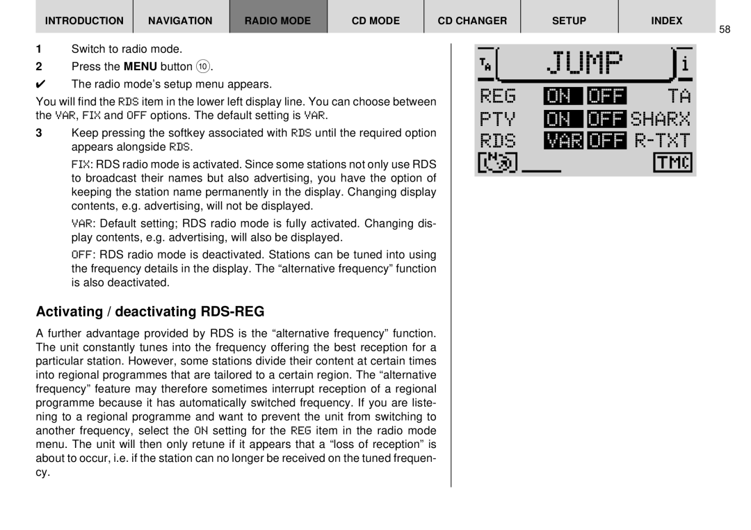 Blaupunkt DX-R70 operating instructions REG OFF PTY Sharx RDS, Off Txt, Activating / deactivating RDS-REG 