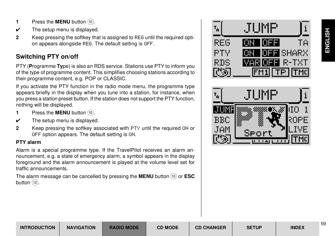 Blaupunkt DX-R70 operating instructions REG on OFF TA PTY on OFF Sharx RDS VAR OFF R-TXT, Switching PTY on/off, PTY alarm 