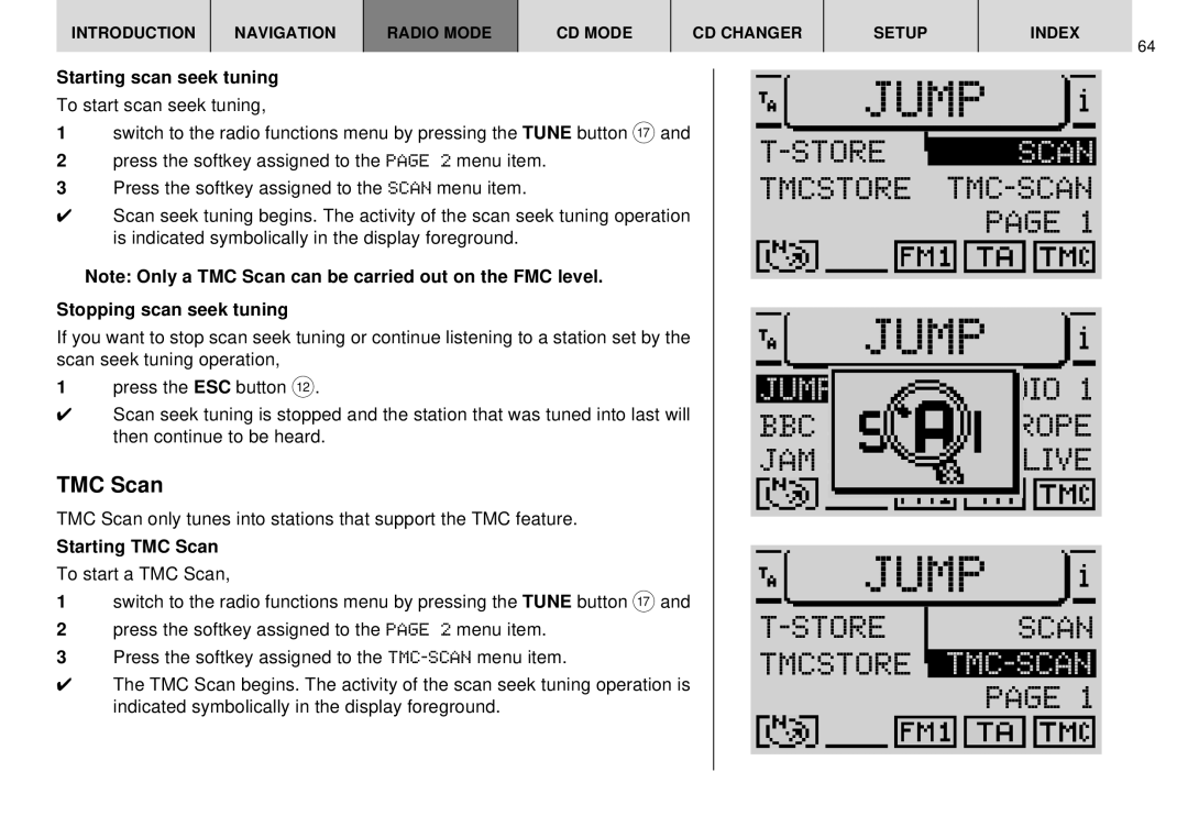 Blaupunkt DX-R70 Store Scan Tmcstore TMC-SCAN, TMC Scan, Starting scan seek tuning, Stopping scan seek tuning 