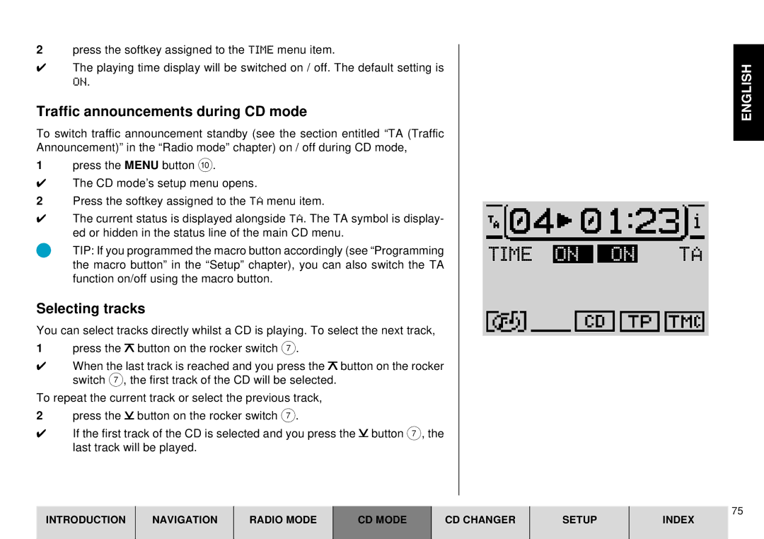 Blaupunkt DX-R70 operating instructions Time on on TA, Traffic announcements during CD mode, Selecting tracks 