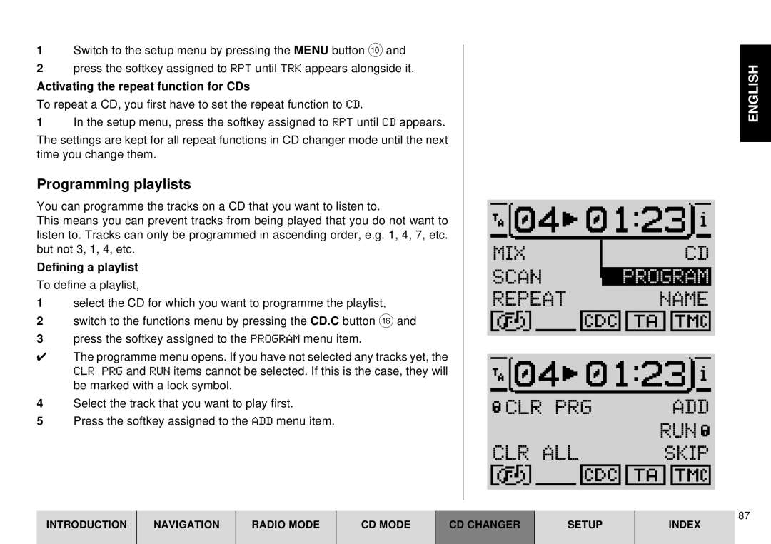 Blaupunkt DX-R70 operating instructions CLR PRG ADD CLR ALL RUN Skip, Activating the repeat function for CDs 