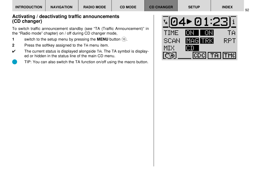 Blaupunkt DX-R70 operating instructions Activating / deactivating traffic announcements CD changer 