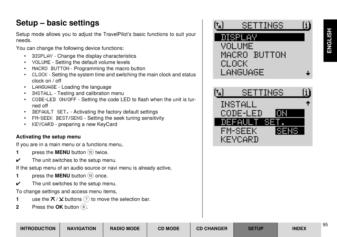 Blaupunkt DX-R70 operating instructions Settings, Display, Default SET, FM-SEEK Sens Keycard, Setup basic settings 