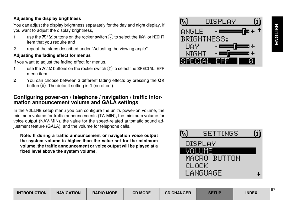 Blaupunkt DX-R70 operating instructions Special EFF, Volume, Macro Button Clock Language, Adjusting the display brightness 