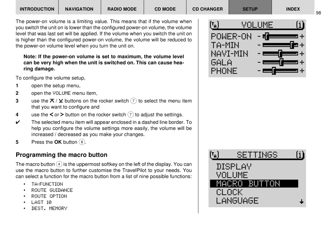 Blaupunkt DX-R70 operating instructions TA-MIN NAVI-MIN Gala Phone Settings Display Volume, Macro Button, Clock Language 