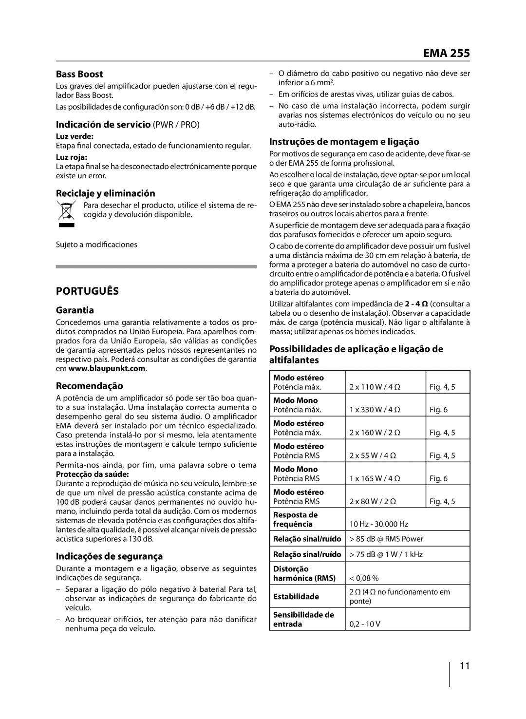 Blaupunkt EMA 255 manual Português 