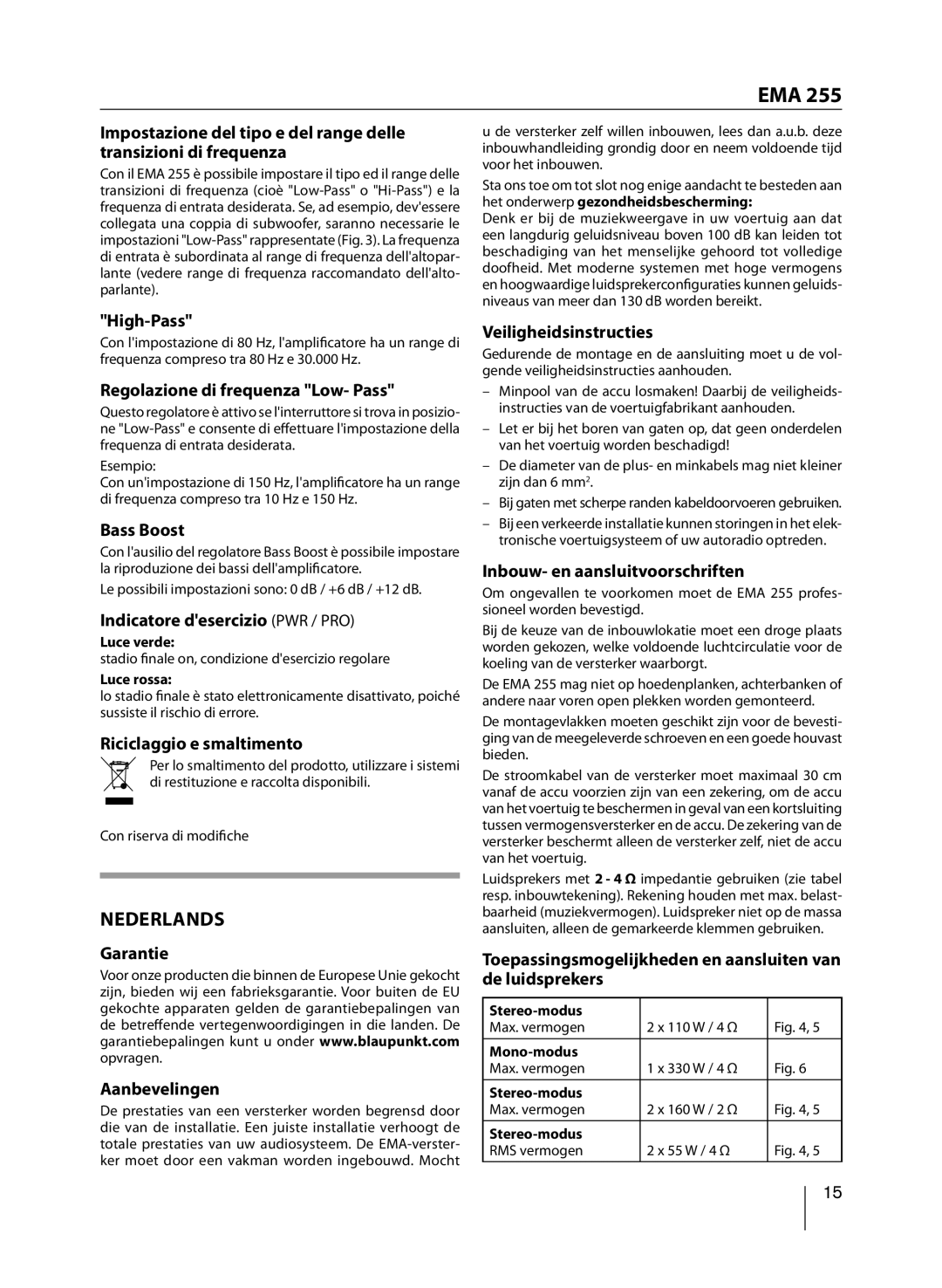 Blaupunkt EMA 255 manual Nederlands 