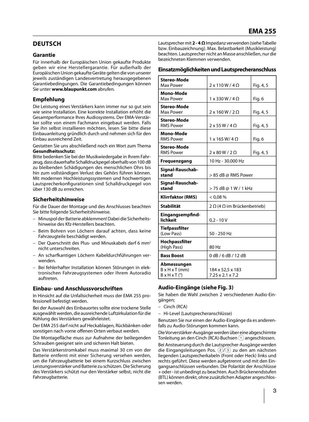 Blaupunkt EMA 255 manual Deutsch, Garantie Empfehlung, Sicherheitshinweise, Einbau- und Anschlussvorschriften 