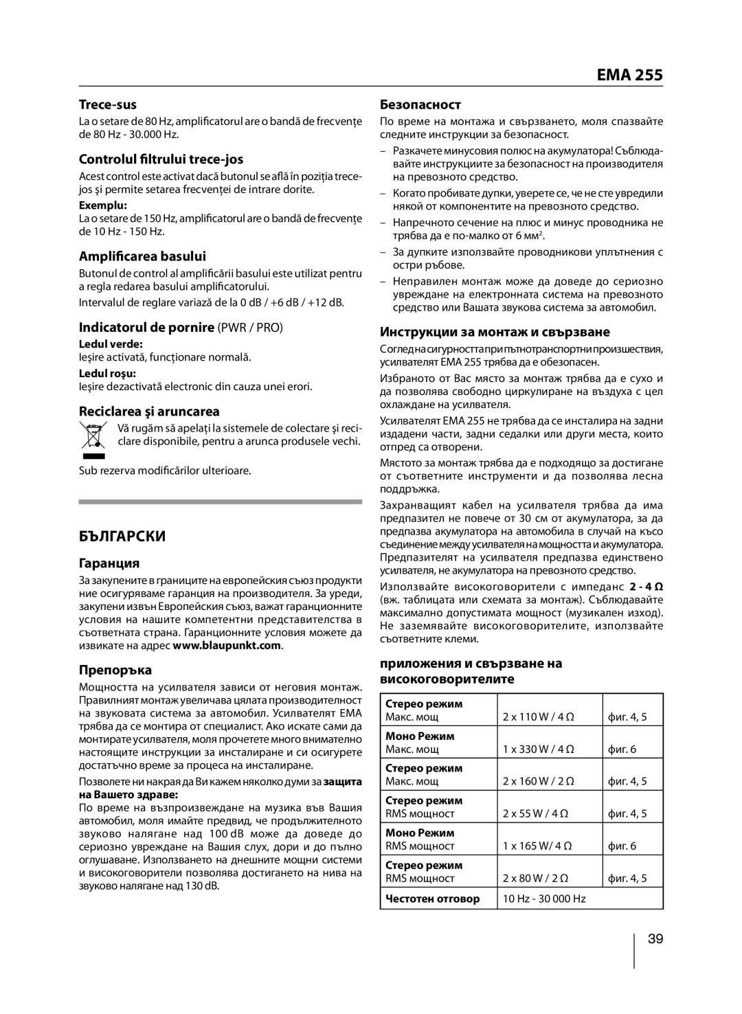 Blaupunkt EMA 255 manual Български 