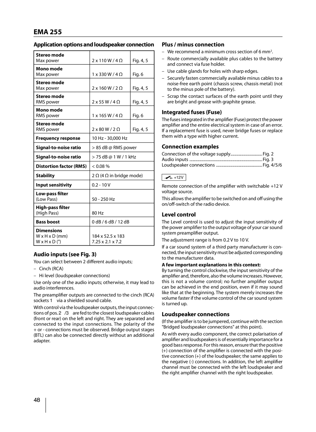 Blaupunkt EMA 255 manual Application options and loudspeaker connection Stereo mode, Max power 110 W / 4 Ω 